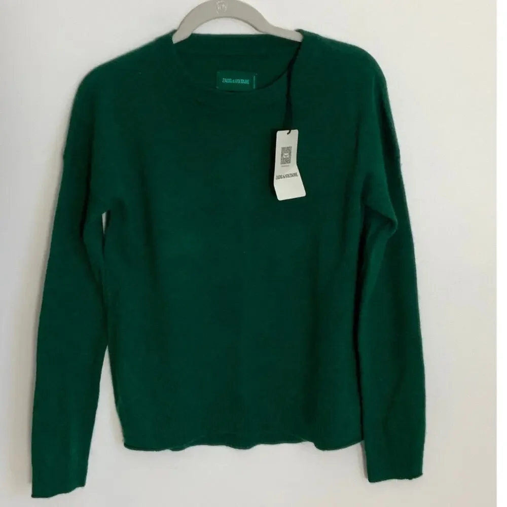 Zadig & Voltaire green crewneck cashmere sweater lightening bolts $368 NWT small - Picture 1 of 9